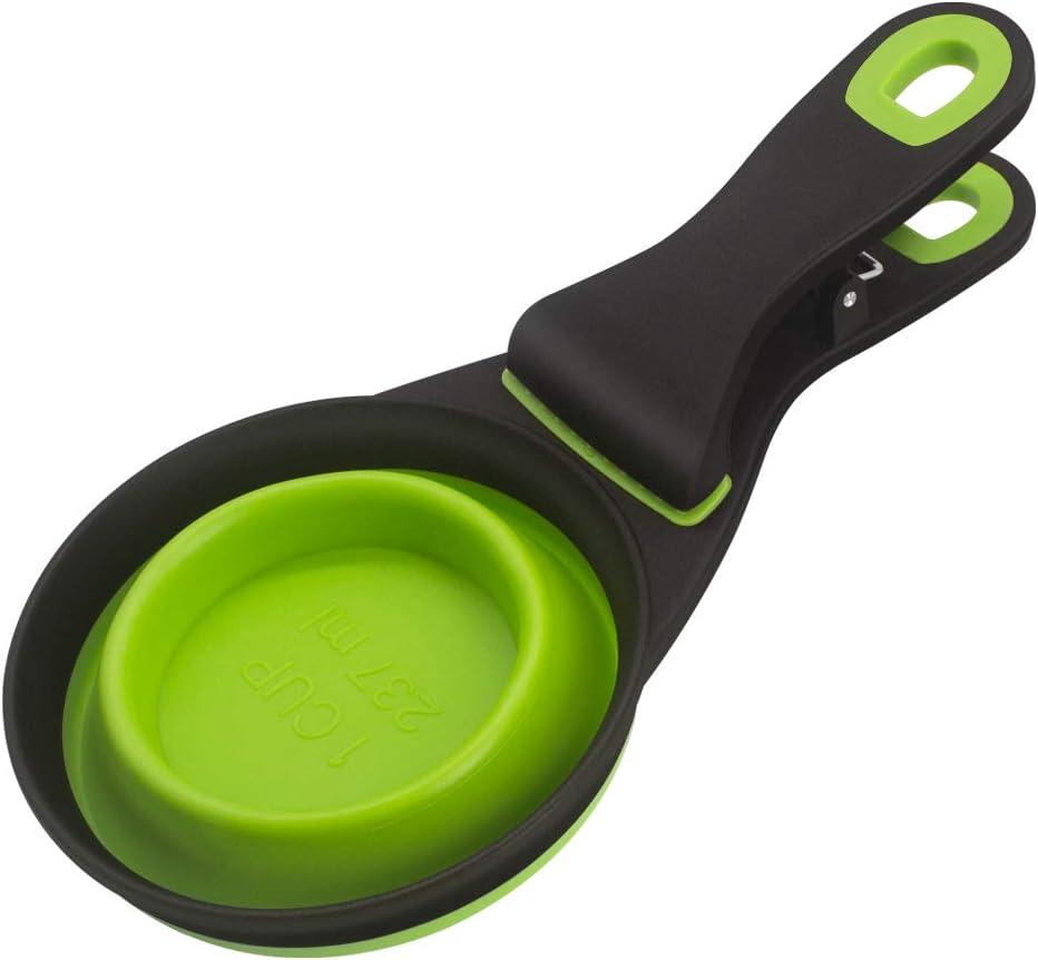 Buyter 3 in 1 TPE Pet Scoop Folding Grain Bag Holder Measuring Cup Dog Food Spoon (M, Green)