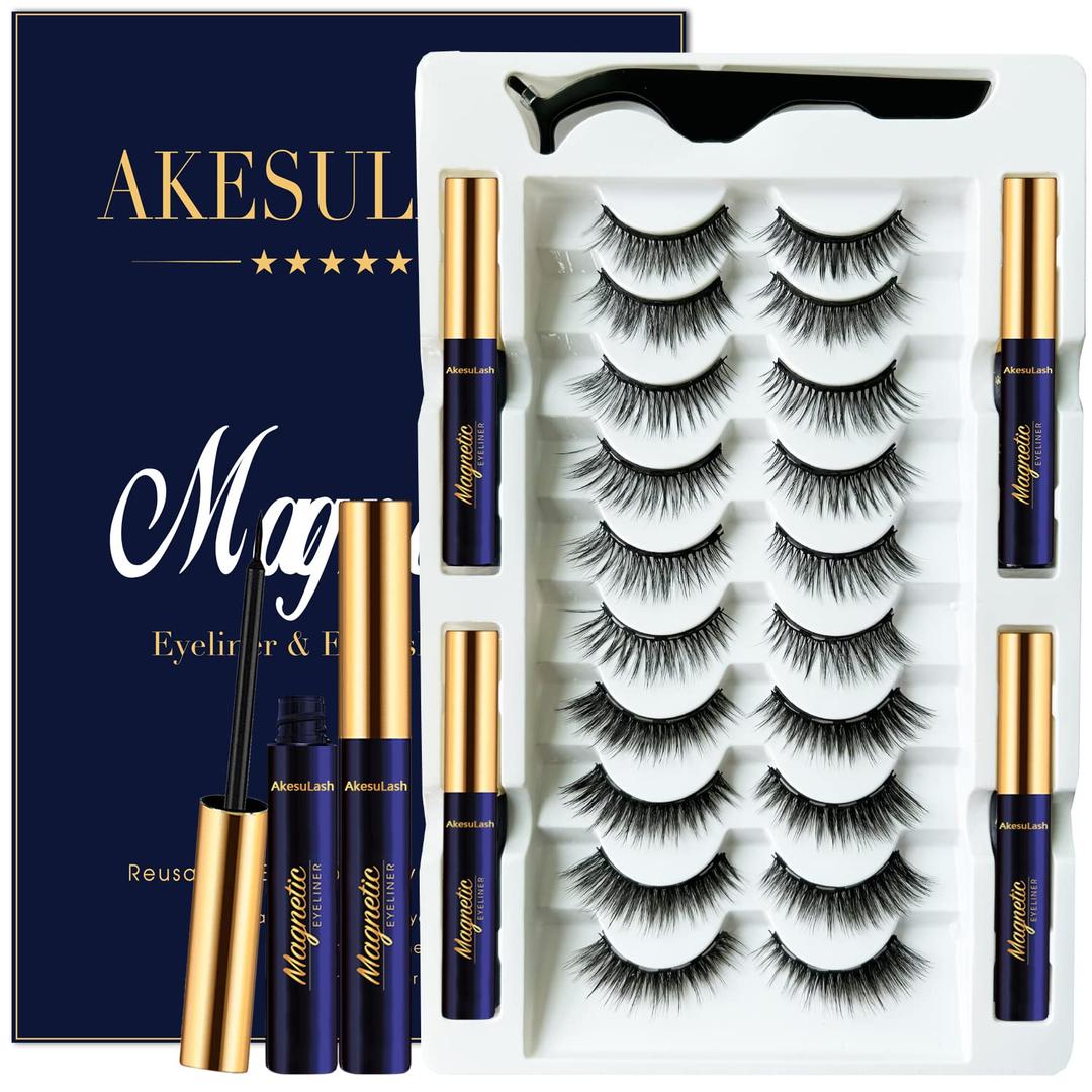 Magnetic Eyelashes - Magnetic Lashes with 4 Tube of Magnetic Eyeliner - 10 Pairs Magnet False Eye Lashes Kit with Applicator - Natural Look Easy to Apply