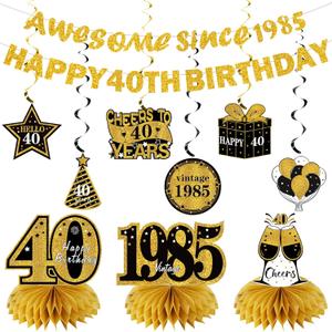 11Pcs 40th Birthday Decorations Kit for Men Women, Black Gold Happy 40th Birthday Banner, Awesome Since 1985 Centerpieces Swirls Party Supplies, Forty Bday Banner Ceiling Table Topper Sign