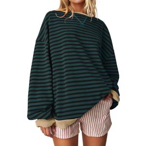 UEU Women Oversized Striped Crewneck Sweatshirt Long Sleeve Color Block Pullover Tops Casual Loose Workout Shirt Small