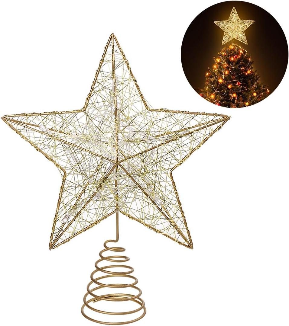 Cabilock Christmas Star Tree Topper, 9.8in Golden LED Lights Hollow Star Tree Topper, Battery Power 3D Xmas Glitter Ornaments for Christmas New Year Holiday Decoration
