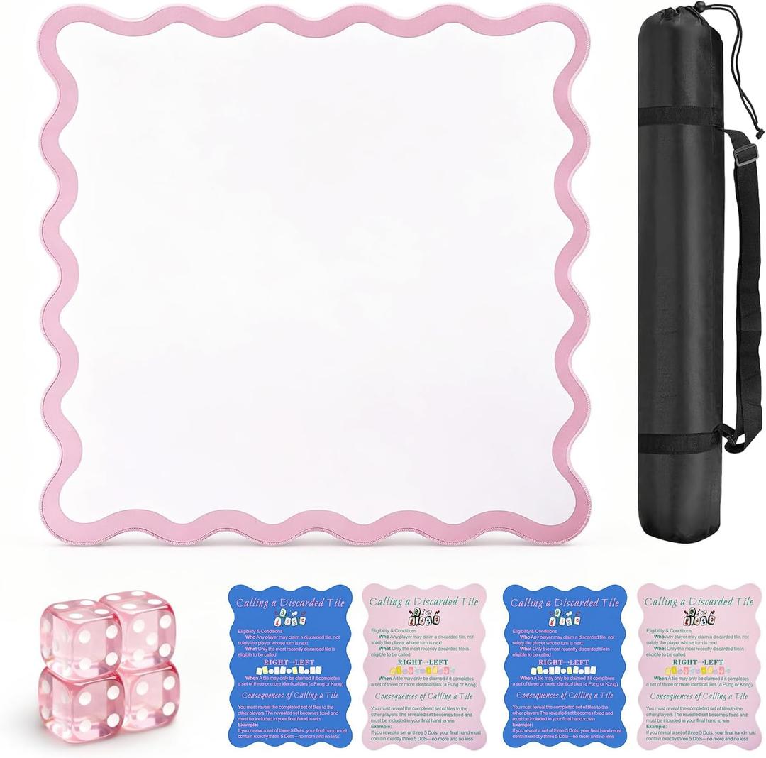 22in Scalloped Mahjong MatAnti Slip Noise Reduction Mahjong Accessoriemahjong Table MatMajiong Mat for TravelComes with 4 Dice and 1 Mahjong Mat Storage Bag,4 Mahjong Shuffle Cards (Pink)