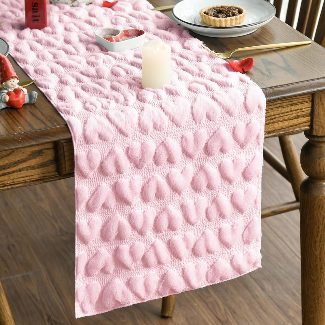 Artoid Mode Pink Soft Plush Faux Fur Jacquard Heart Valentine's Day Table Runner, Seasonal Kitchen Dining Table Decoration for Home Party Decor  13" x 48", Table Runner, Pink