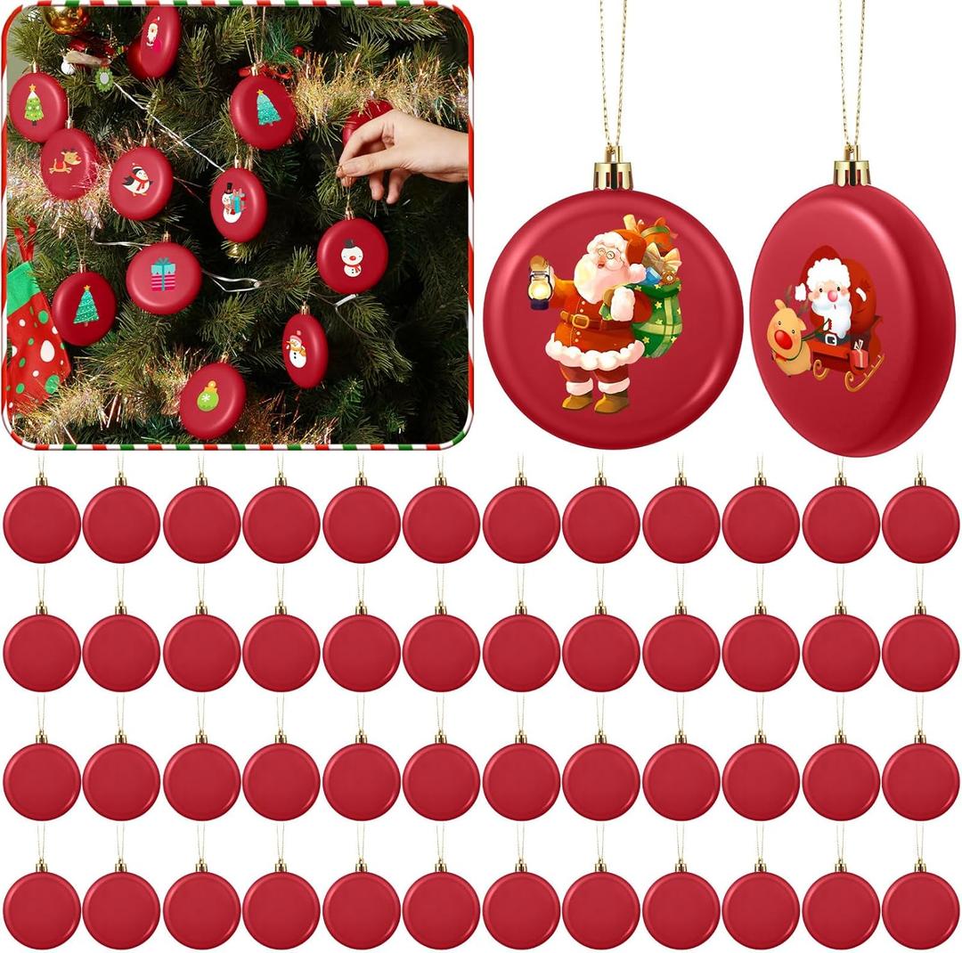 48 Pcs 3.15 Inch DIY Christmas Ornaments Red Blank Ball Ornament Xmas Plastic Matte Flat Discs Christmas Tree Hanging Ornament Decorations DIY Crafts Painting Drawing Stickers Decals