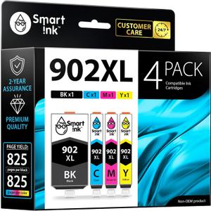 Smart Ink Compatible Ink Cartridge Replacement for HP 902 XL 902XL (4 Combo Pack) to use with Officejet Pro 6978 6968 6974 6975 6960 Officejet 6951 6954 6956 6958 Printers
