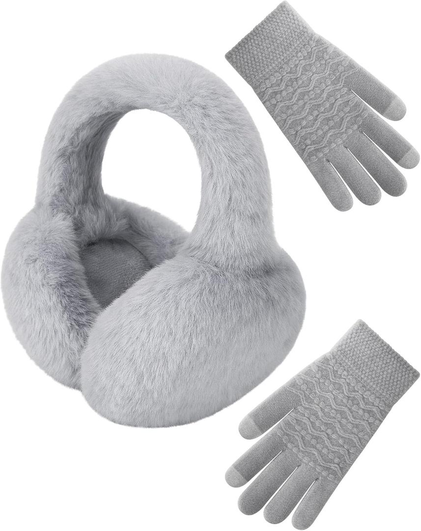 Senker Fashion Ear Muffs Gloves for Winter Women, Foldable Earmuffs Faux Furry Soft Ear Warmer Covers Headband Cold Weather (Grey)