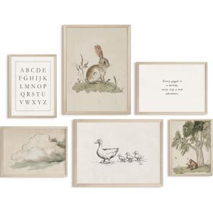 Vintage Nursery Wall Art Kids Canvas Prints Baby Boys Wall Decor Animal Pictures Bunny Poster Neutral Children Prints Duck Painting Woodland Bear Artwork for Farmhouse Bedroom 8x10 Inch Wood Framed