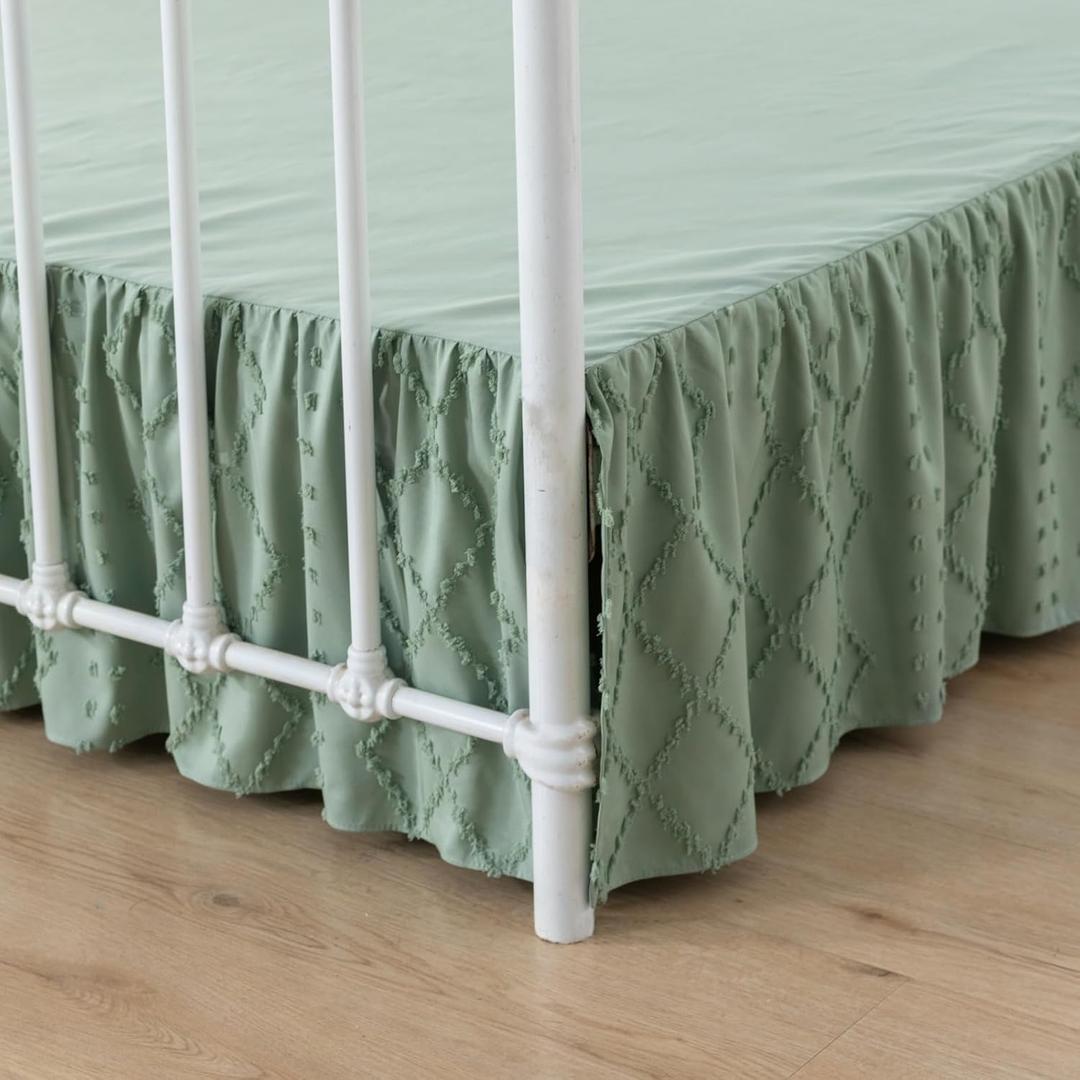 Bed Skirt Queen Size Ruffled Bed Skirt with Split Corners, 14 Inch Drop Dust Ruffle Bed Skirts with Platform, Boho Tufted Shabby Chic Full Size Bed Skirts, Sage Green