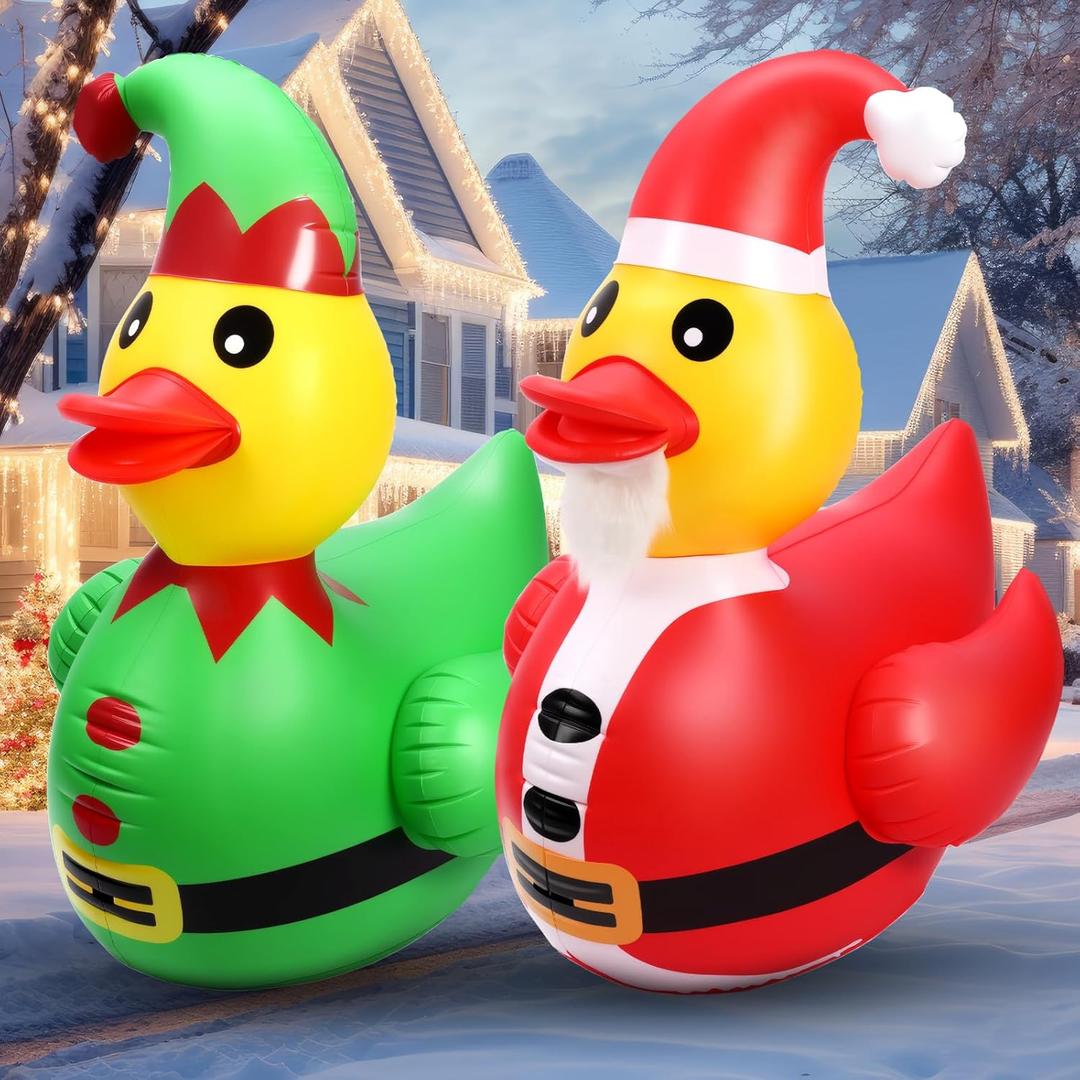 Lenwen 2 Pcs 4 ft Christmas Giant Inflatable Duck Xmas Large Huge Blow up Rubber Yard Yellow Inflatable Duck with Christmas Cloth Pool Float for Indoor Outdoor Holiday Party Garden Patio Lawn Decor