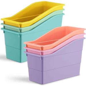 Affrolling 6 Packs Book Bins for Classroom Plastic Book Binder Holders Vertical Organizer Baskets Storage Boxes for Classroom Library Home Office Organization Stationery Supplies (Pastel Colors)