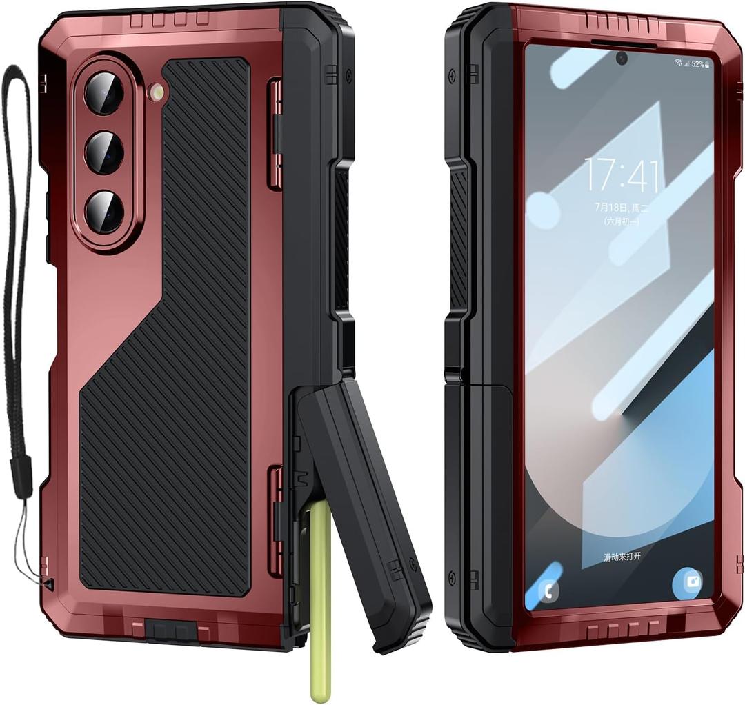 for Samsung Galaxy Z Fold 6 Case with Slim S Pen Holder (2023), Metal Bumper Premium Heavy Duty Shockproof Protective, Hinge Protection, Screen Protector, Rugged Phone Cover 5G, Red