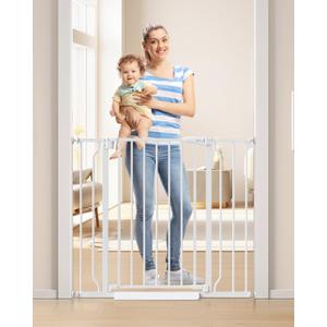 34" Extra Tall Baby Gate for Stairs, Auto Close Stroller Friendly Dog Gate Indoor for Doorways, Pressure Mounted 29"-40" Wide Baby Gate, Easy Walk Through Gate for Children & Pets, White