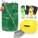 Adjustable Garden Rake for Leaves 36 to 73 Inch 25 Tines with Leaf Scoops, 32 Gallon Self Standing Yard Waste Bag Hoop, 2 Pairs Latex Coated Gloves