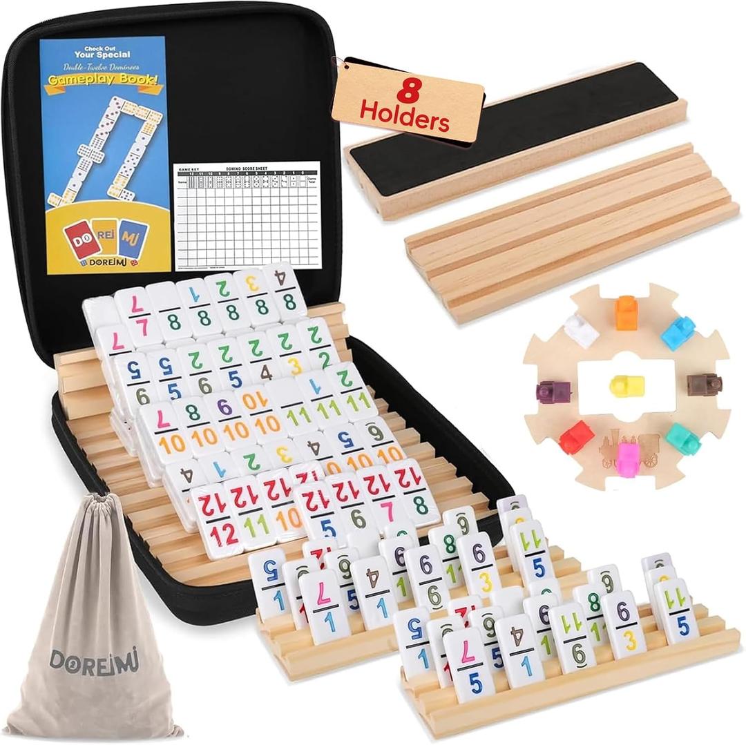 Doreimi Mexican Train Dominoes Set with Numbers and 8 Wooden Holders, Double 12 Dominos Set for Kids, Adults Travel Domino Train with 91 Tiles and Upgrated Hub, Classic Board Games for Family Night, average size
