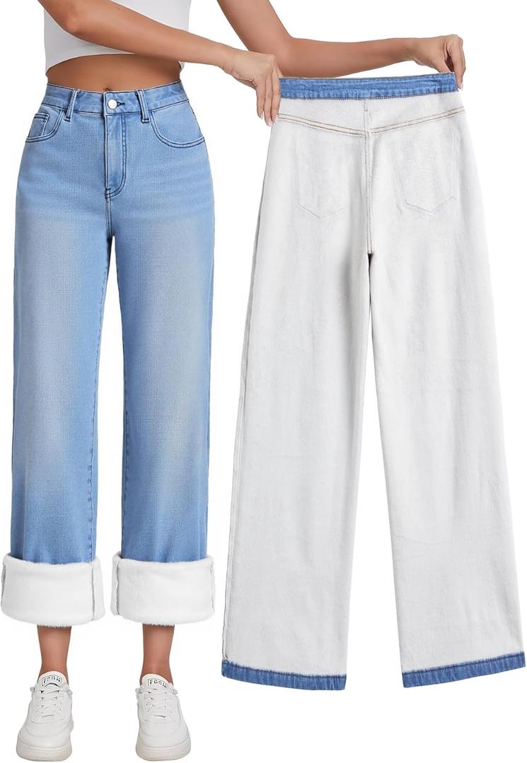 EMMIOL Women's 2026 Wide Leg Jeans Distress Mid Waist Denim Pants Vintage Y2K Trousers (XX-Large, Blue-(warm Fleece Lined))