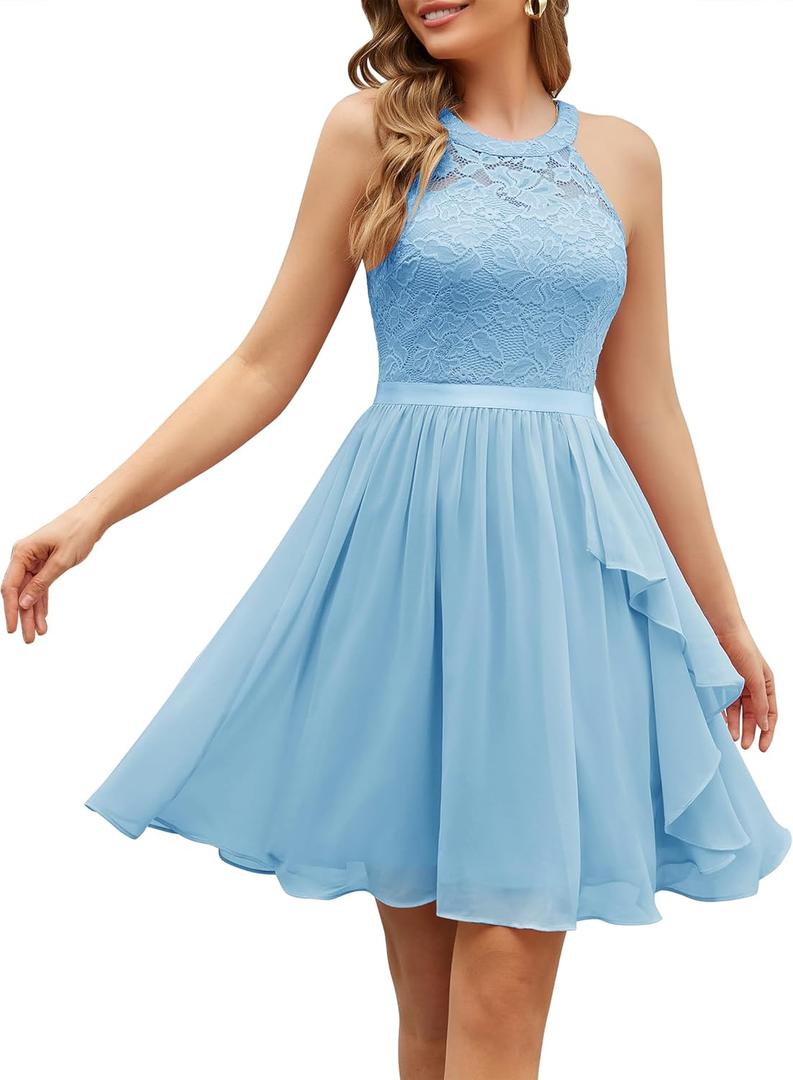Wedtrend Women's Bridesmaid Dresses, Halter Sleeveless Cocktail Dress Ruffle A Line Short Prom Dress 2026 (Light Blue)