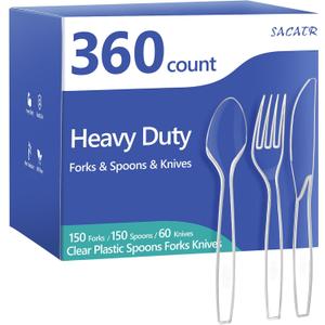 SACATR 360 Count Plastic Silverware Heavy Duty - Forks, Spoons, Knives, BPA-Free, Disposable Utensils Set, Plastic Cutlery Set, Plasticware for Wedding Party