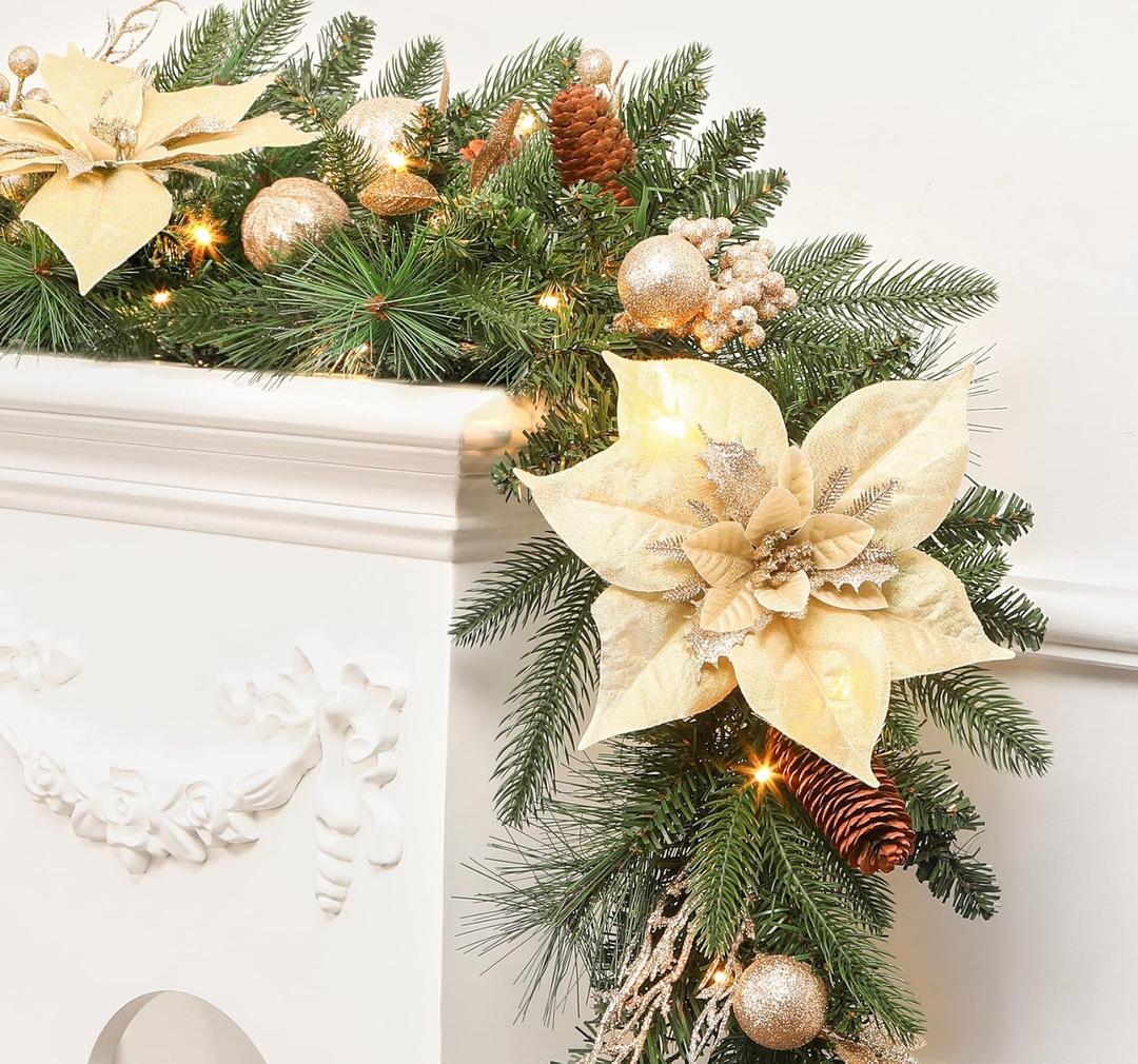 SHareconn 9FT Prelit Christmas Garland Decorations with Multi-Color LED Lights, Battery-Operated Timer, Lighted Garland with Ball Poinsettia for Mantle Table Fireplace Stairs Railing Indoor Decor (9FT-Champagne gold)