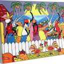 Colorful Farm Canvas Wall Art, Tropical Fruit Market with Palm Trees and Roosters Picture Print, Farm Life Painting, Poster Framed Tropical Artwork for Kitchen and Living Room Decor Artwork 20" x 24" (Style-05)