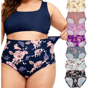 Womens Underwear Plus Size Panties 7 Pack Ladies Briefs Mid High Waist Floral Underwear Undies (XL)