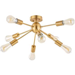 BONLICHT Sputnik Ceiling Light Brushed Brass 8 Light Modern Chandelier Lighting Gold Mid Century Semi Flush Mount Starburst Style Ceiling Lamp for Kitchen Dining Room Bedroom