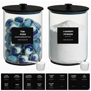 2 Pack 1 Gallon Glass Laundry Detergent Dispenser for Powder, 4L Large Laundry Pods Holder with Hygienic Plastic Lids & Metal Rim, Airtight Glass Canister Set with Scoops & Labels, Black