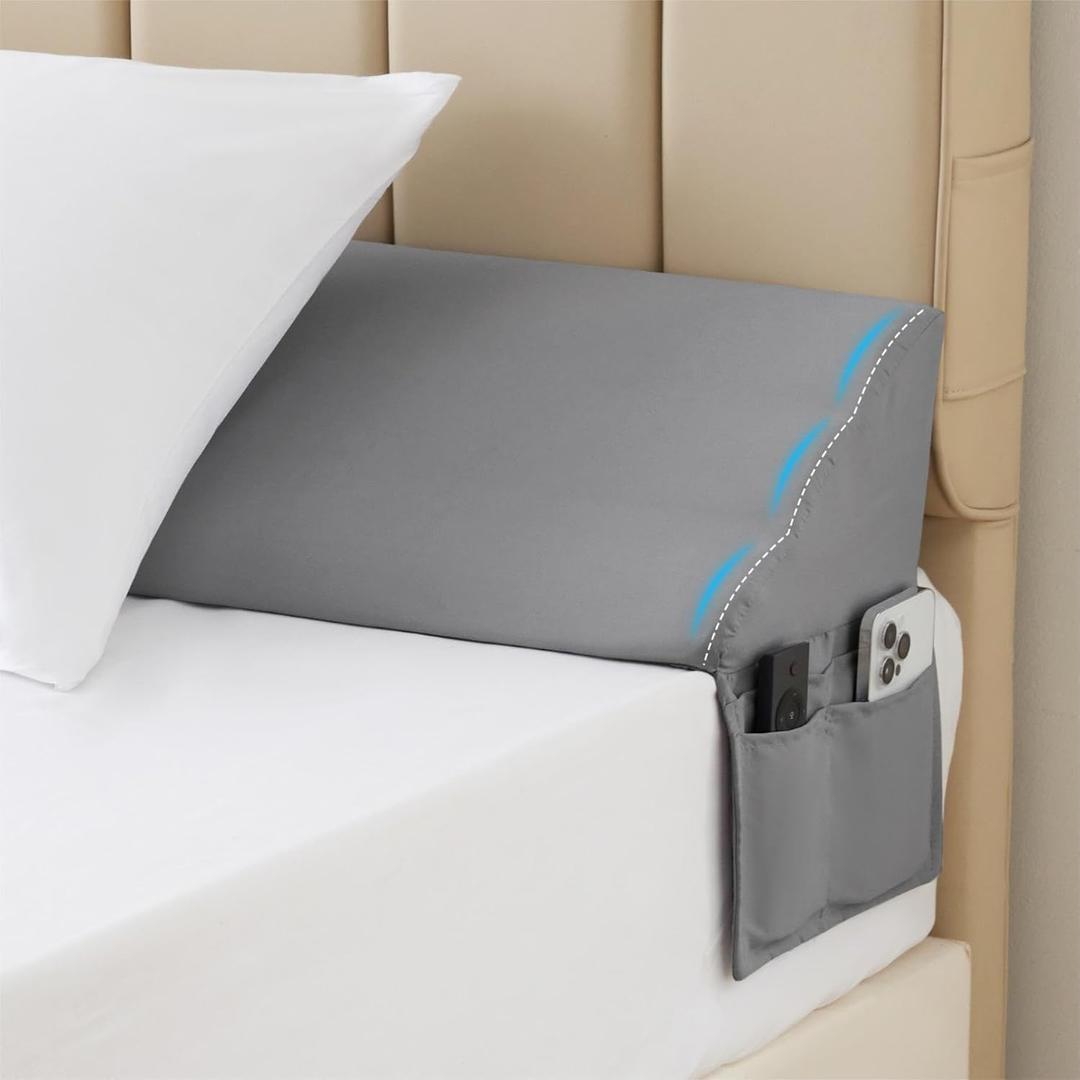 MEGCXIT King Bed Wedge Pillow for Headboard, 76"x10"x6", Bed Gap Filler, Headboard Pillow, Anti-Slip Gap Pillow with Side Pockets, Removable Cover, Grey