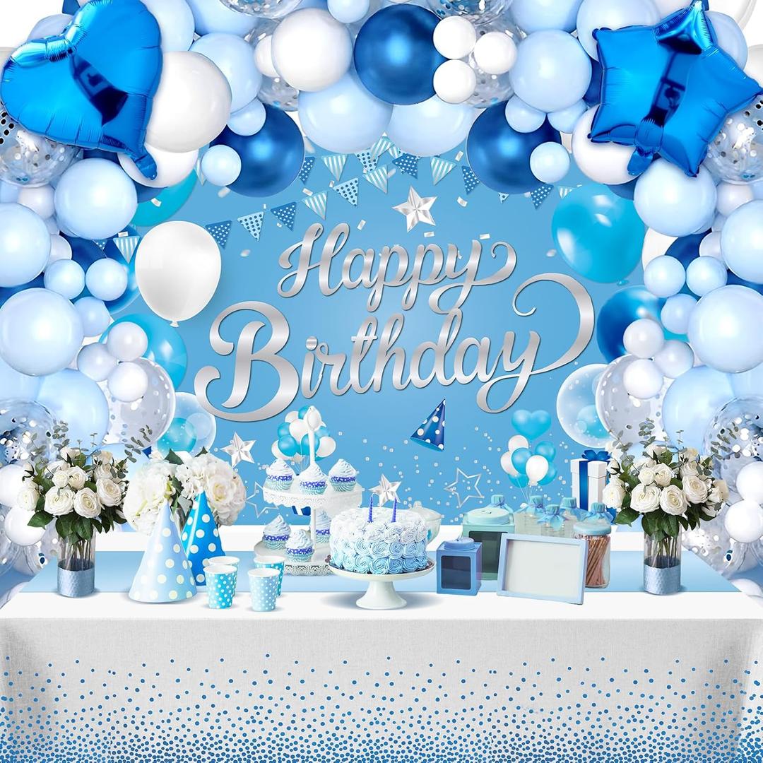 Light Blue Birthday Party Decorations Light Blue Party Decoration Backdrop Banner with Heart Star Foil Balloons Tablecloth Happy Birthday Party Supplies for Boys Girls Men Women Bday Celebration