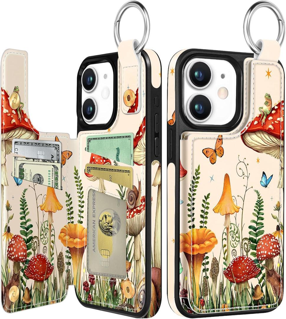Shorogyt for iPhone 11 Wallet Case with Card Holder, Designer Mushroom Frog Pattern Kickstand Magnetic Clasp Back Flip Folio Leather Phone Cases for iPhone 11 for Women Men Girls
