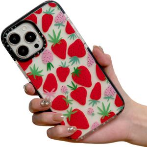 for iPhone 16 Pro Case for Women, Cute Pink Strawberry Fruit Print Girly Design Kawaii Aesthetic Cartoon Pattern for Girls Teens Soft TPU Case Cover for iPhone, (6.3")