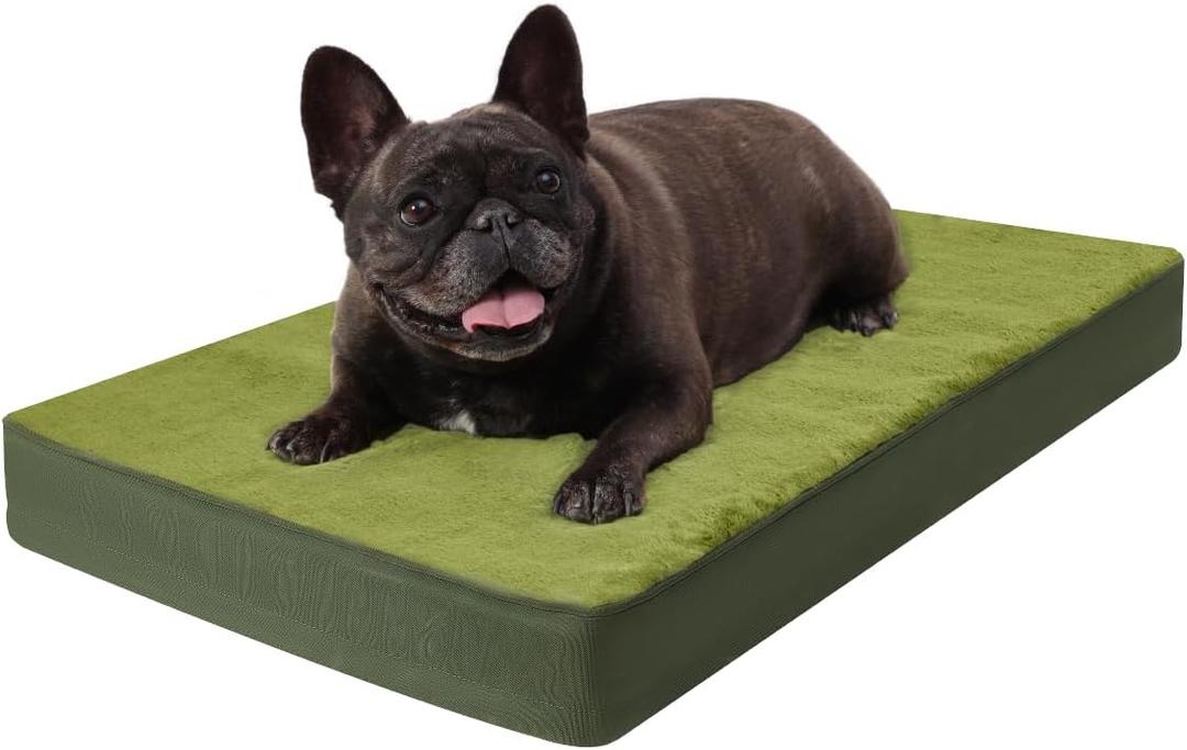 KSIIA Orthopedic Dog Bed Crate Waterproof Pet Mats for Small Dogs Deluxe Plush Washable Pet Bed with Egg Crate Foam & Removable Cover, 23 x 17 Inch, Green