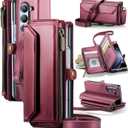 Crossbody Wallet Case Compatible with Samsung Galaxy Z Fold 5 with RFID Blocking Card Holder & Pen Holder Slot Soft PU Leather Shoulder Strap Zipper Pocket Purse Fold 5 Phone Case, Wine Red