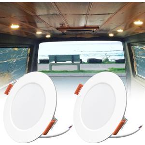 2-Pack RV Recessed LED Ceiling Lights 12V 3, Ultra Thin Puck Lights 3W 3000K Dimmable RV Lights Interior for Camper Lights Cargo Trailer Under Cabinet Van Boat