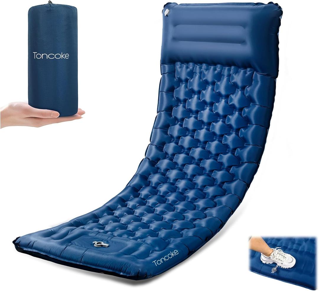 Toncoke Sleeping Pad, 4.7" Extra-Thick & Ultralight Inflatable Camping Mat with Pillow, Built-in Foot Pump, Compact for Backpacking, Camping, Hiking, Travel  Navy Blue
