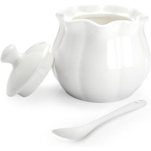 Ceramic Sugar Bowl with Lid and Spoon, Flower-Shaped Porcelain Salt Storage Jar, White Seasoning Container for Home and Kitchen, 9 Ounces