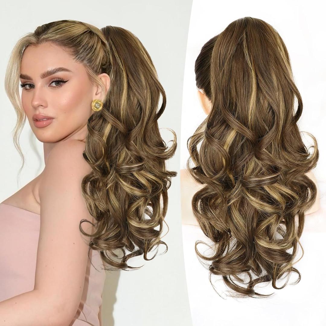 ALXNAN Ponytail Extension,18 Inch Claw Clip in Long Curly Wavy Chocolate Brown with Highlights Ponytail Hair Extension Jaw Clip on Pony Tails Hairpiece for Women