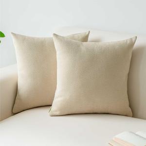 a moment Pack of 2 Decorative Chenille Throw Pillow Covers with Twill Cushion Covers for Sofa Living Room Couch Bed 20x20 Inch Beige