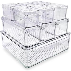 10-Pack Clear Fridge Organizer Bins with Lids & Drainage Holes, Stackable Container Set, BPA-Free Plastic Refrigerator Storage Containers for Food, Fruits, Vegetables, Meats (Multi-Purpose)