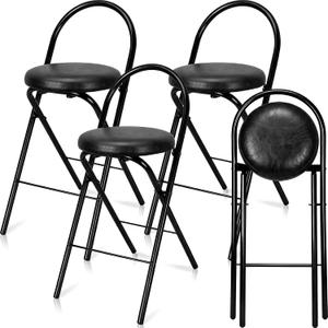 CroBlissful 4 Pcs 24 Inch Folding Bar Stool with Backrest, Leather Padded Folding Stools for Adults up to 350lbs, Collapsible Round Counter Height Stool Chair for Camping Kitchen Shop Cafe (Black)