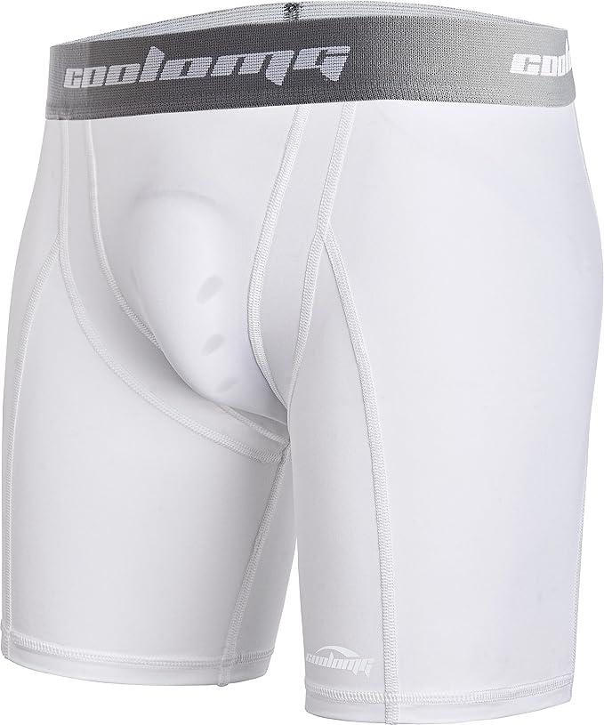 COOLOMG1 Pack Mens Compression Shorts with Cup Pocket Athletic Protective Underwear for Baseball Football MMA Lacrosse White, Small