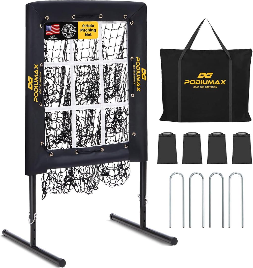 PodiuMax Baseball Pitching Net, 9 Hole Pitching Net with Strike Zone, 5 Adjustable Heights Baseball Throwing Net for All Ages, Heavey Duty Solo Trainer with Carry Bag for Backyard Practice