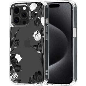 MOSNOVO Case for iPhone 15 Pro Max, [Buffertech 6.6ft Military-Grade Drop Protection] [Anti Peel Off Tech] Clear TPU Bumper Phone Case Cover Design - Black White Tulips