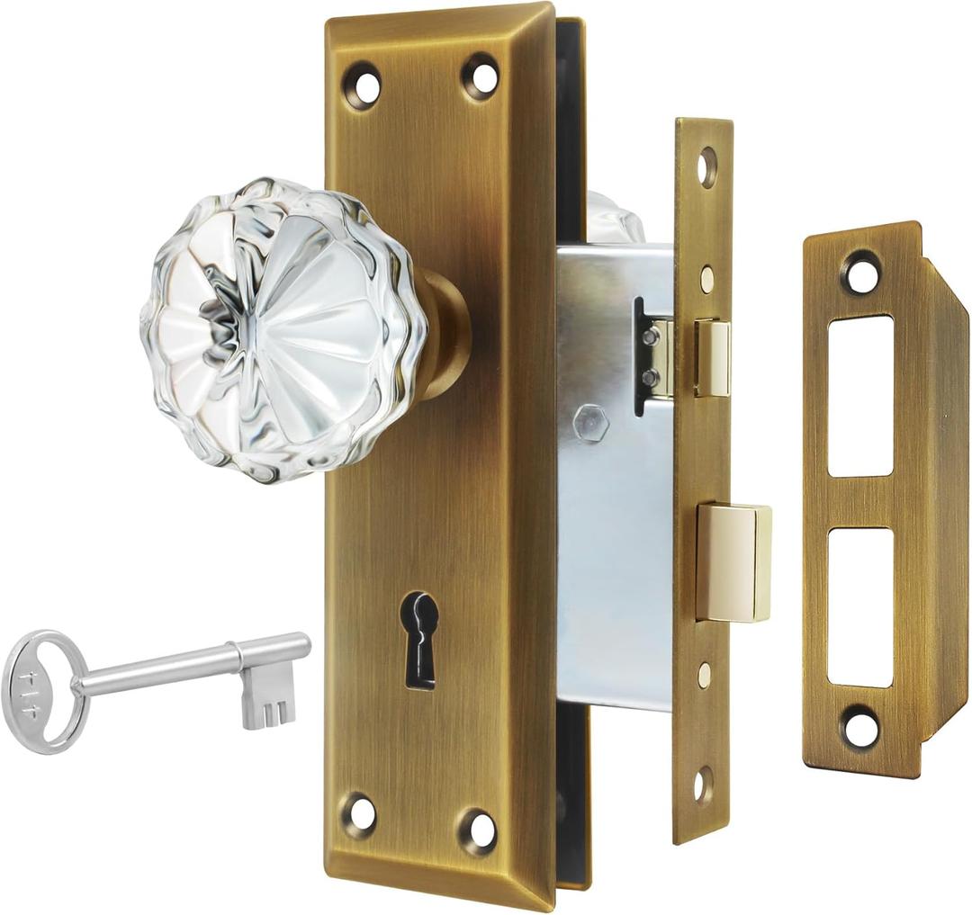 Mortise Lock Set for Interior Door, Antique Brass Door Knobs with Lock and Skeleton Key, Crystal Glass Door Knobs for Old Style Door