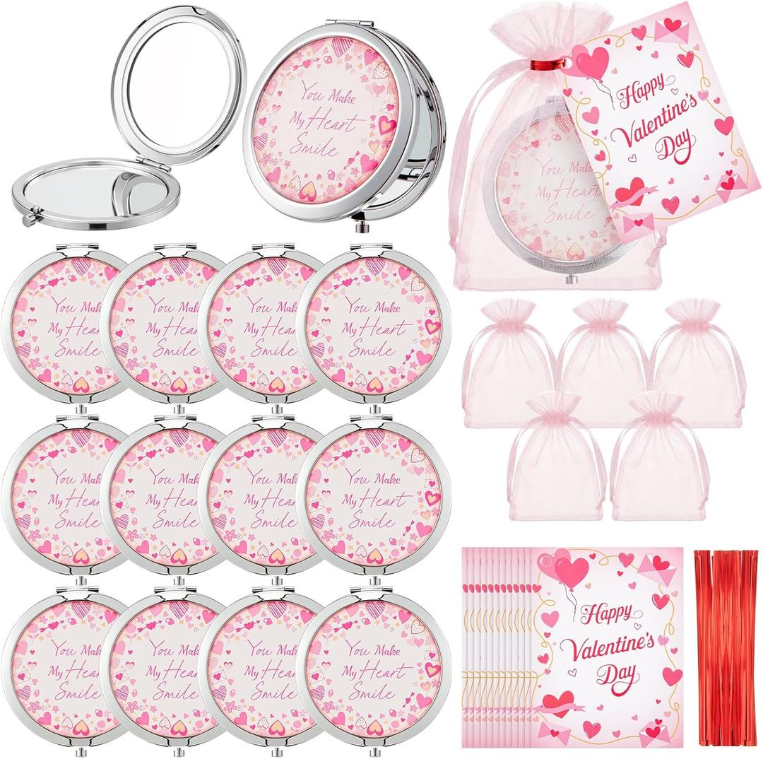 BreezeHug 12 Set Valentine Compact Mirror Gift Bulk, Pocket Mirror with Valentine's Cards and Organza Bag for Galentine's Day Women Her Teachers Staff Coworkers