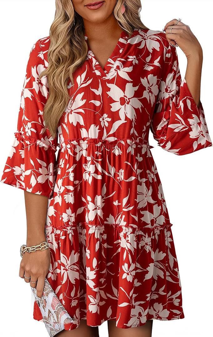 Dokotoo Summer Dresses for Women 2026 Casual V Neck Babydoll Dress 3/4 Bell Sleeve Beach Vacation Mini Dress X-Large, Red