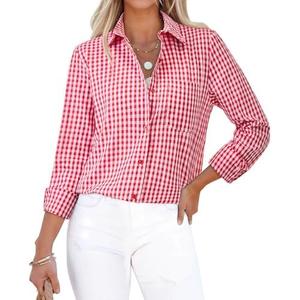 siliteelon Button Down Shirts for Women Gingham Top Plaid Long Sleeve Dress Shirts Cotton Fitted Casual Work Collared Blouse, M