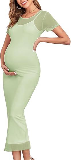 CYCLAMEN 2024 Maternity Mesh Dress Ruched Side Round Neck Pregnancy Dresses Baby Shower Wedding Guest Cocktail Party, XXL