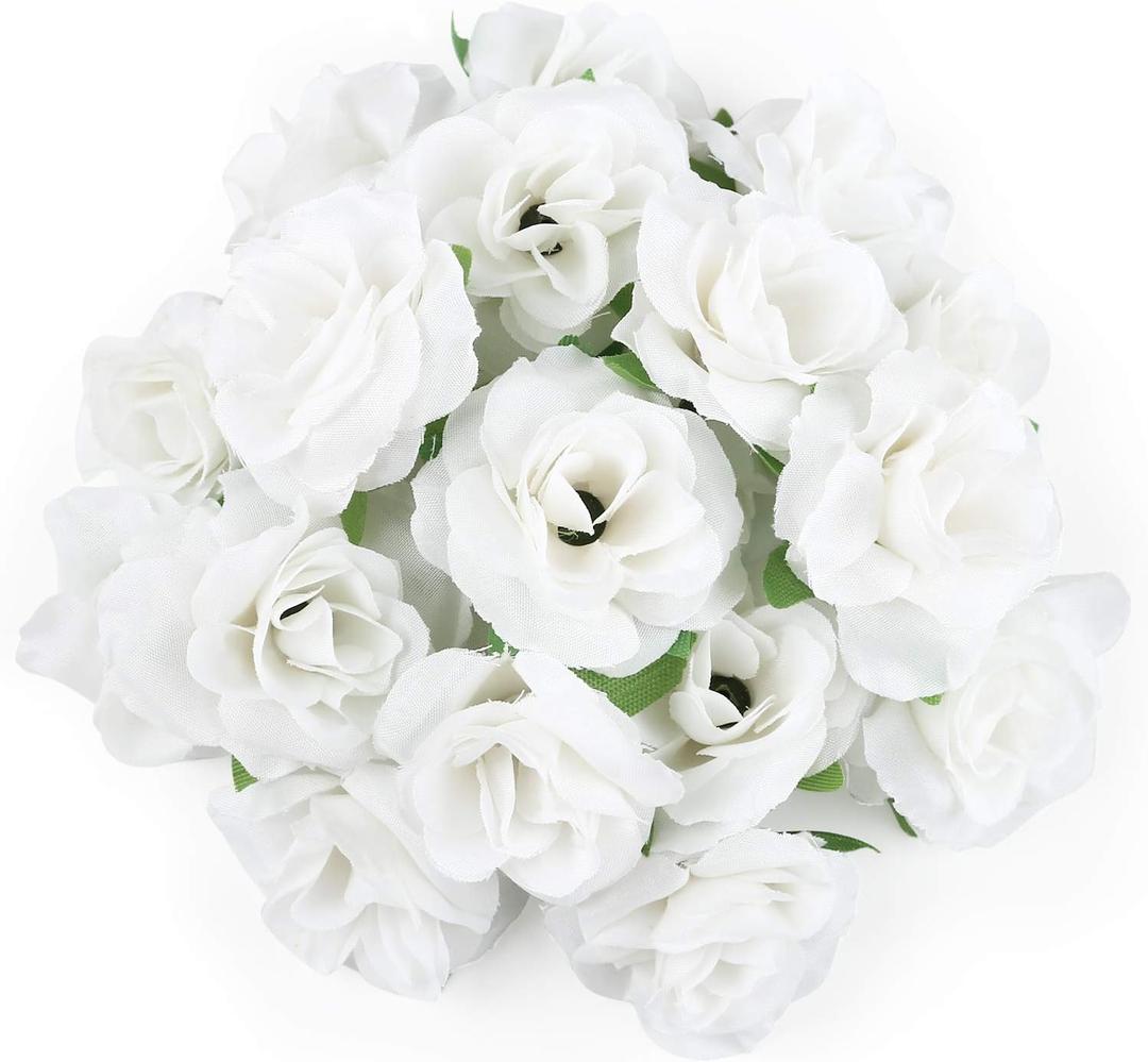 KESOTO 50pcs Mini White Roses Artificial Flowers Bulk, 1.6" Small Silk Fake Roses Flower Heads for Decoration, Crafts, Wedding Centerpieces Bridal Shower Party Home Decor