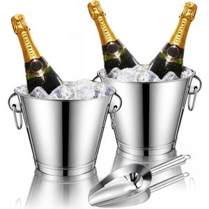 meekoo 2 Pcs 4 Quart Champagne Bucket Wine Bucket Metal Ice Container with 1 Pcs 6 oz Ice Scoop and Handles Stainless Steel Drink Cooler Cocktails Wine Chiller Beer Tub for Bar Party BBQ Banquet