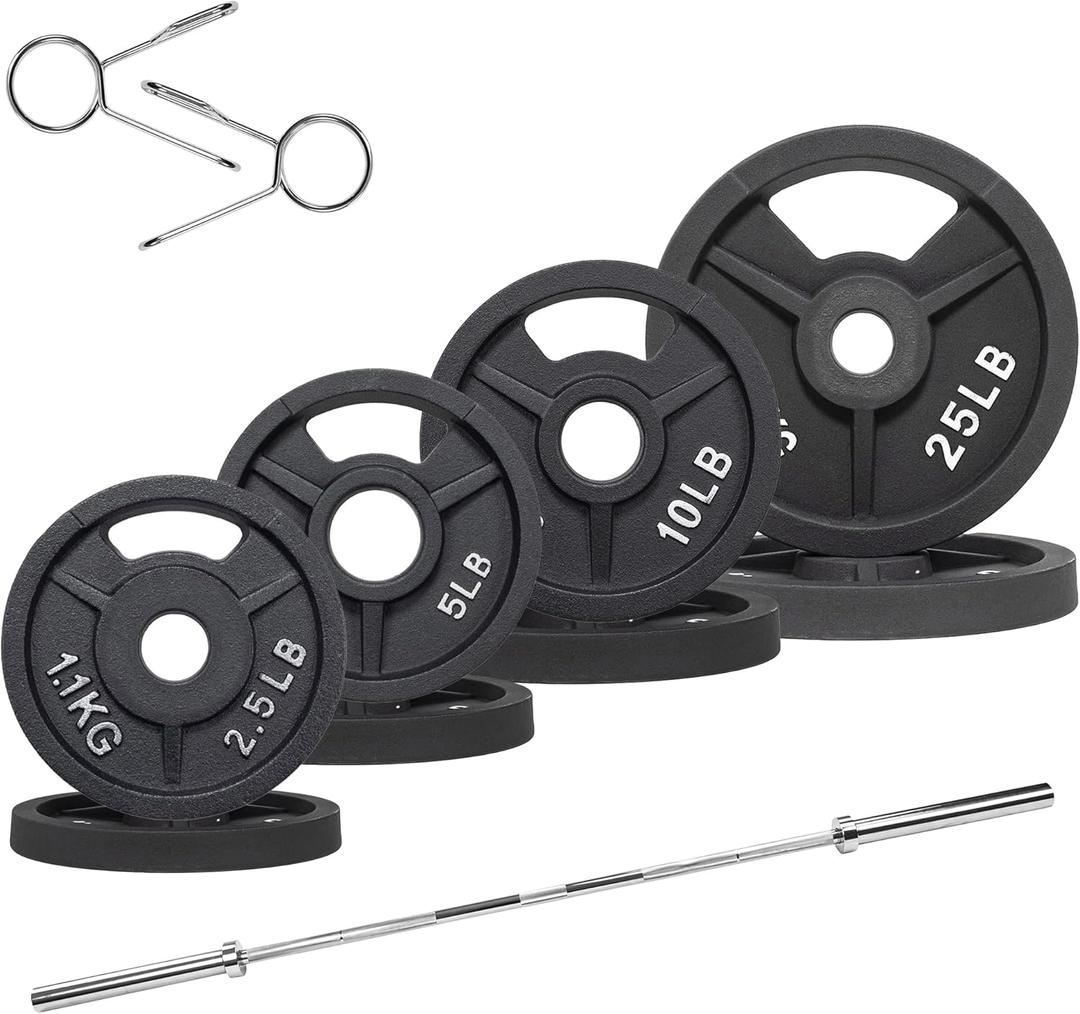 Fitvids Olympic Cast Iron 2-Inch Weight Plates Including 6FT Olympic Barbell Bar & Safely Locks, Barbell Set (85 Lbs Plates + 6 FT Barbell Bar), Multiple Packages